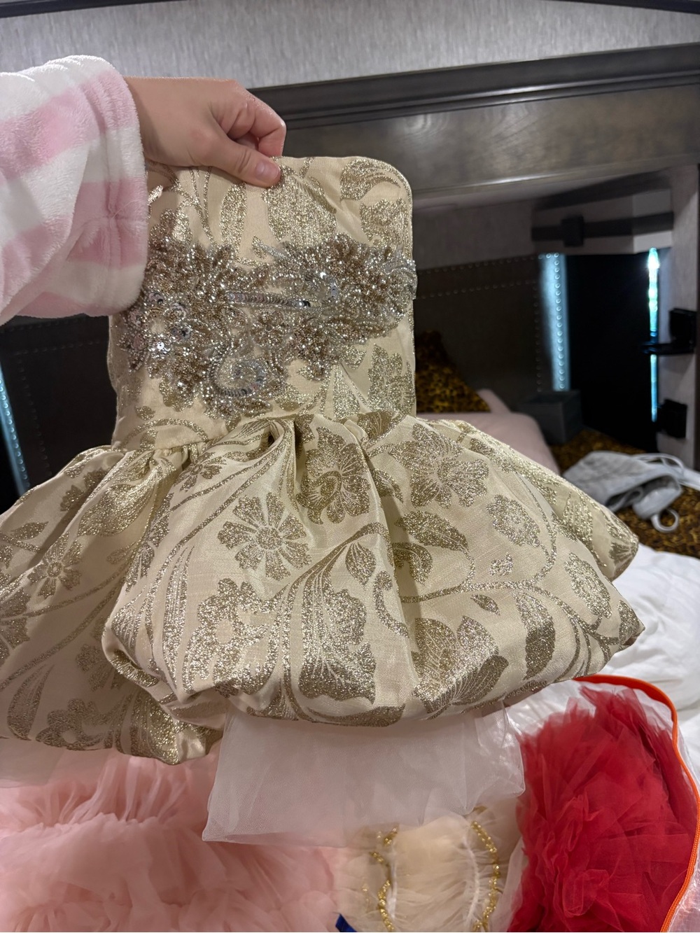 Girls' Shimmery Gold Floral Tulle Party Dress